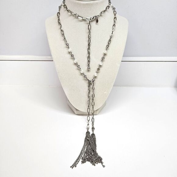 VINTAGE Premier Designs Silver Tone Beaded Tassel Long Chain Necklace - Picture 3 of 9